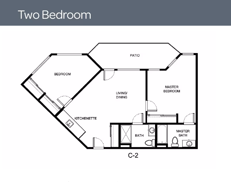 Floor plan layout of a two-bedroom apartment featuring a bedroom, master bedroom with master bath, a living/dining area, kitchenette, an additional bath, and a patio.