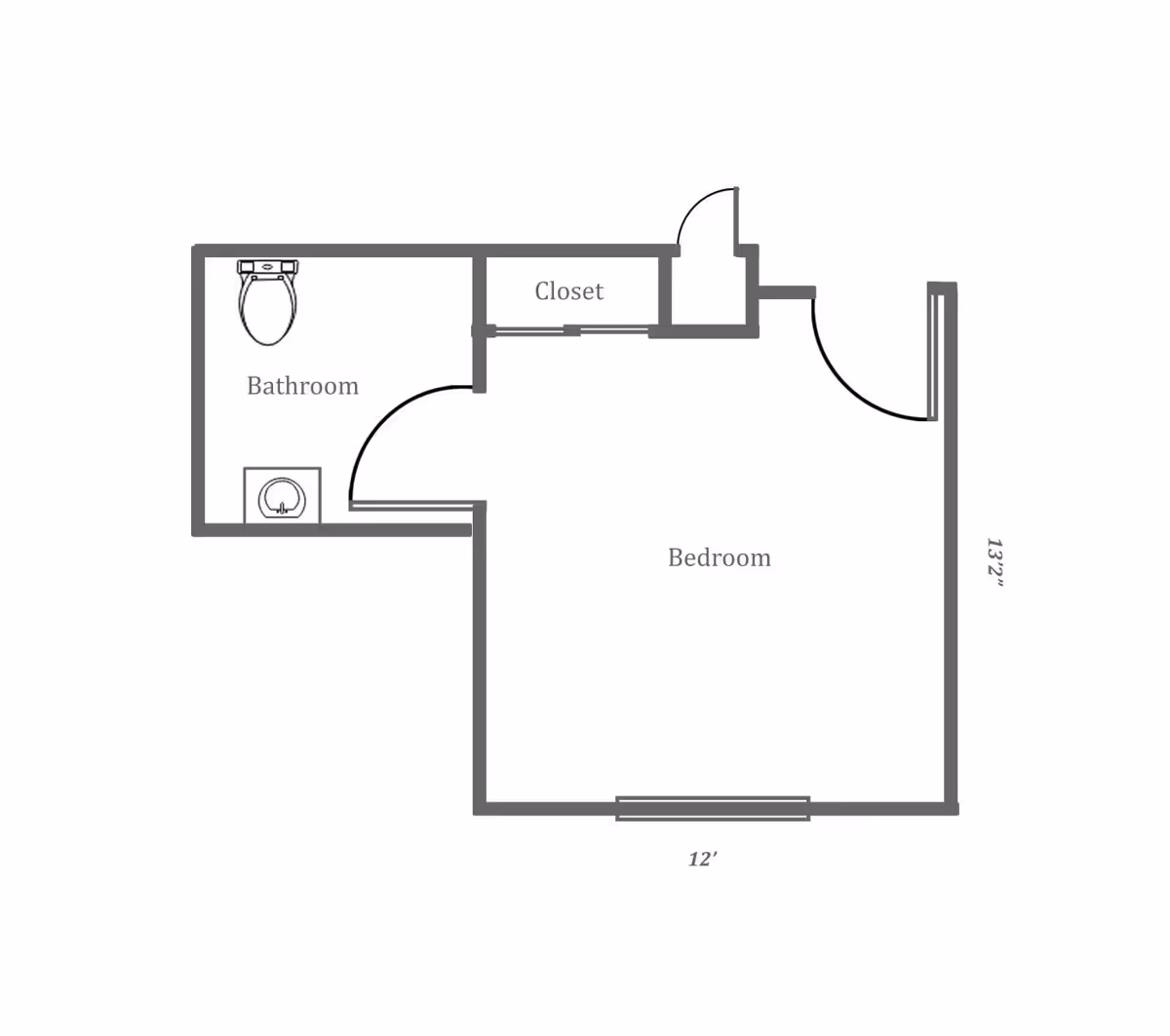 Floor plan layout showing a bedroom measuring 12 feet by 13 feet 2 inches, with an attached bathroom and a closet. The bathroom includes a toilet and a sink.