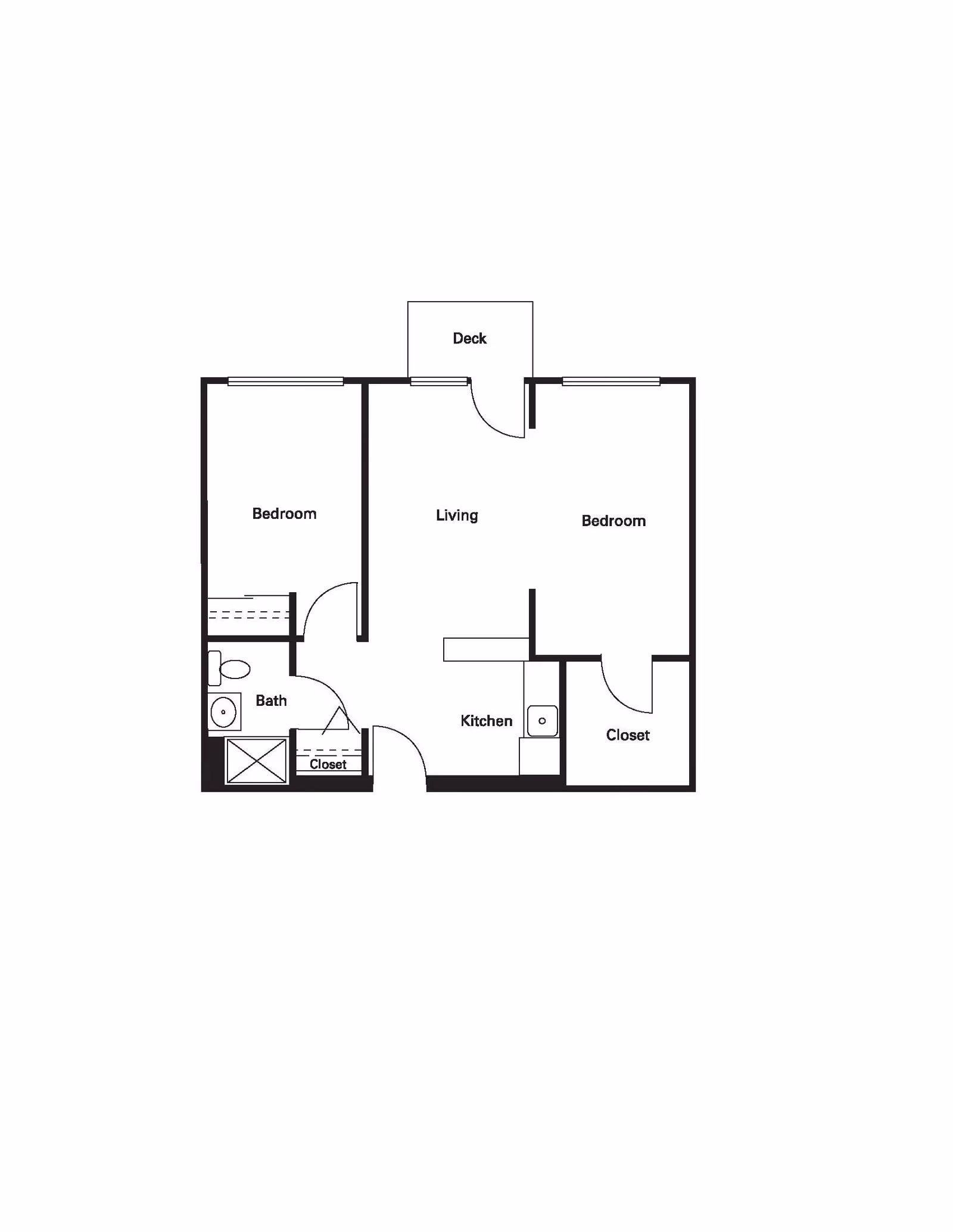 Floor plan of a two-bedroom apartment with a living area, kitchen, bathroom, closets, and a deck.
