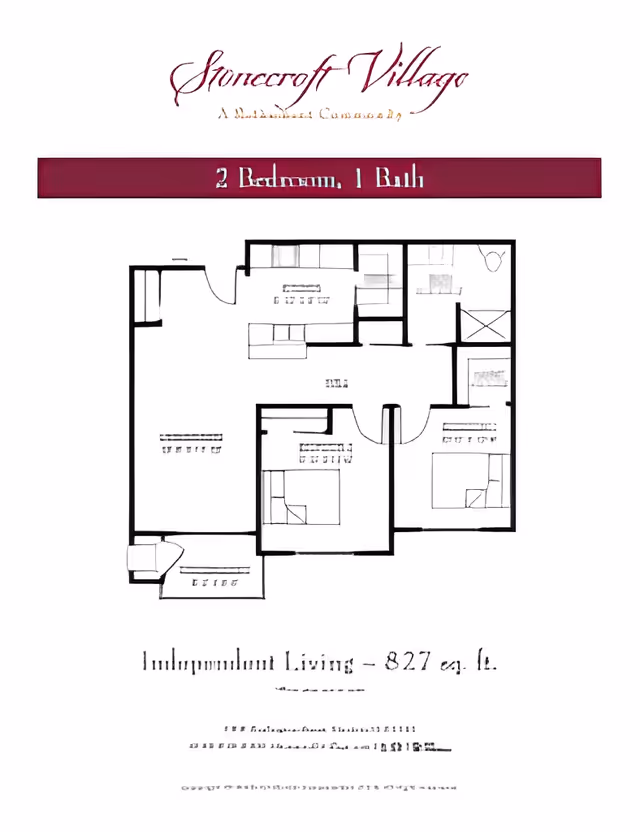 Floor plan layout of a 2 bedroom, 1 bathroom apartment at Stonecroft Village, showing room arrangements and approximate dimensions for independent living with 827 square feet.