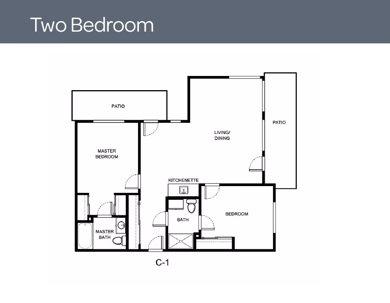Floor plan layout of a two-bedroom unit labeled C-1, showing a master bedroom with an attached master bath, a second bedroom, a bath, a kitchenette, a combined living and dining area, and two patios.