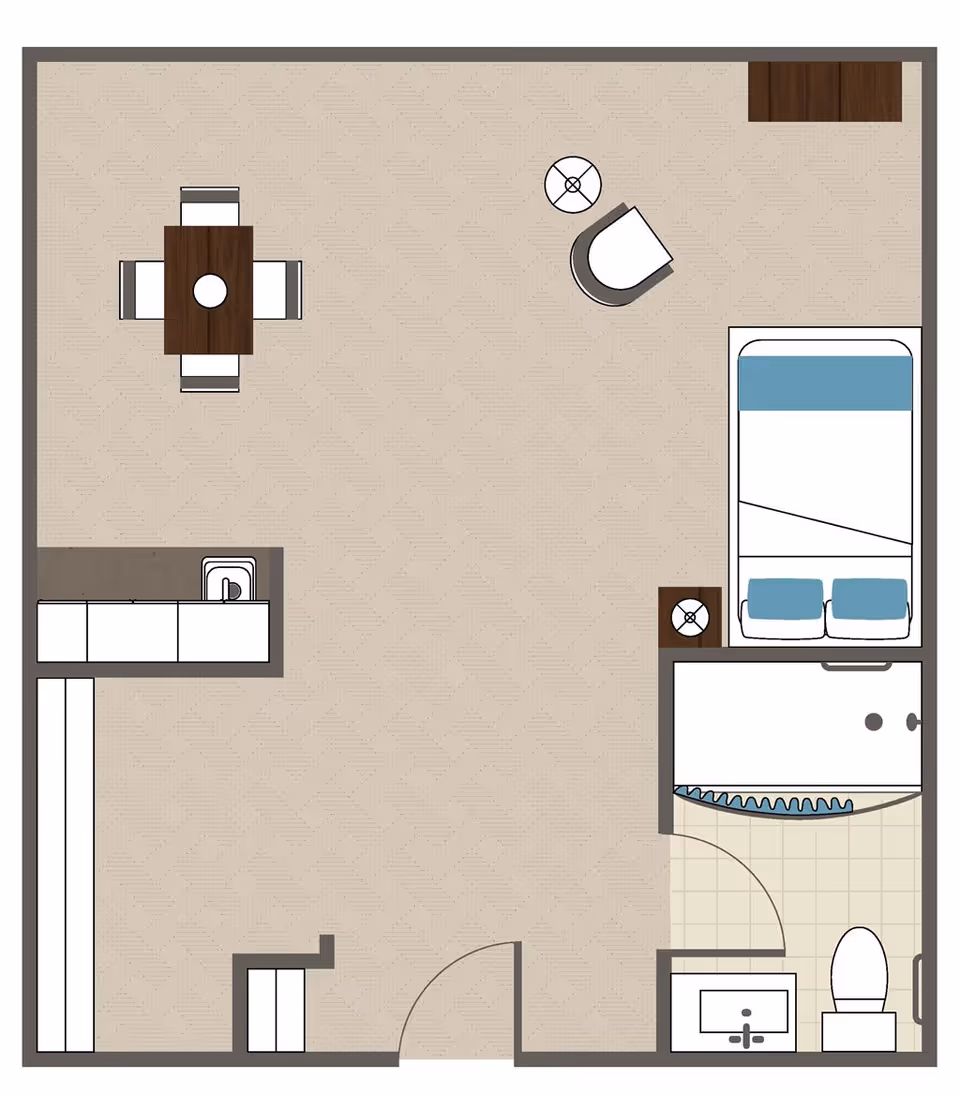 Floor plan of a studio apartment featuring a combined living and sleeping area with a bed, a small dining table with four chairs, a kitchenette with a sink, and a bathroom with a toilet, sink, and shower.