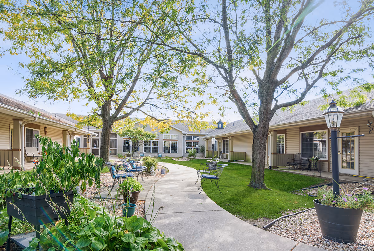 Sunny courtyard with a paved walkway, trees, potted plants, and outdoor seating between single-story residential buildings.