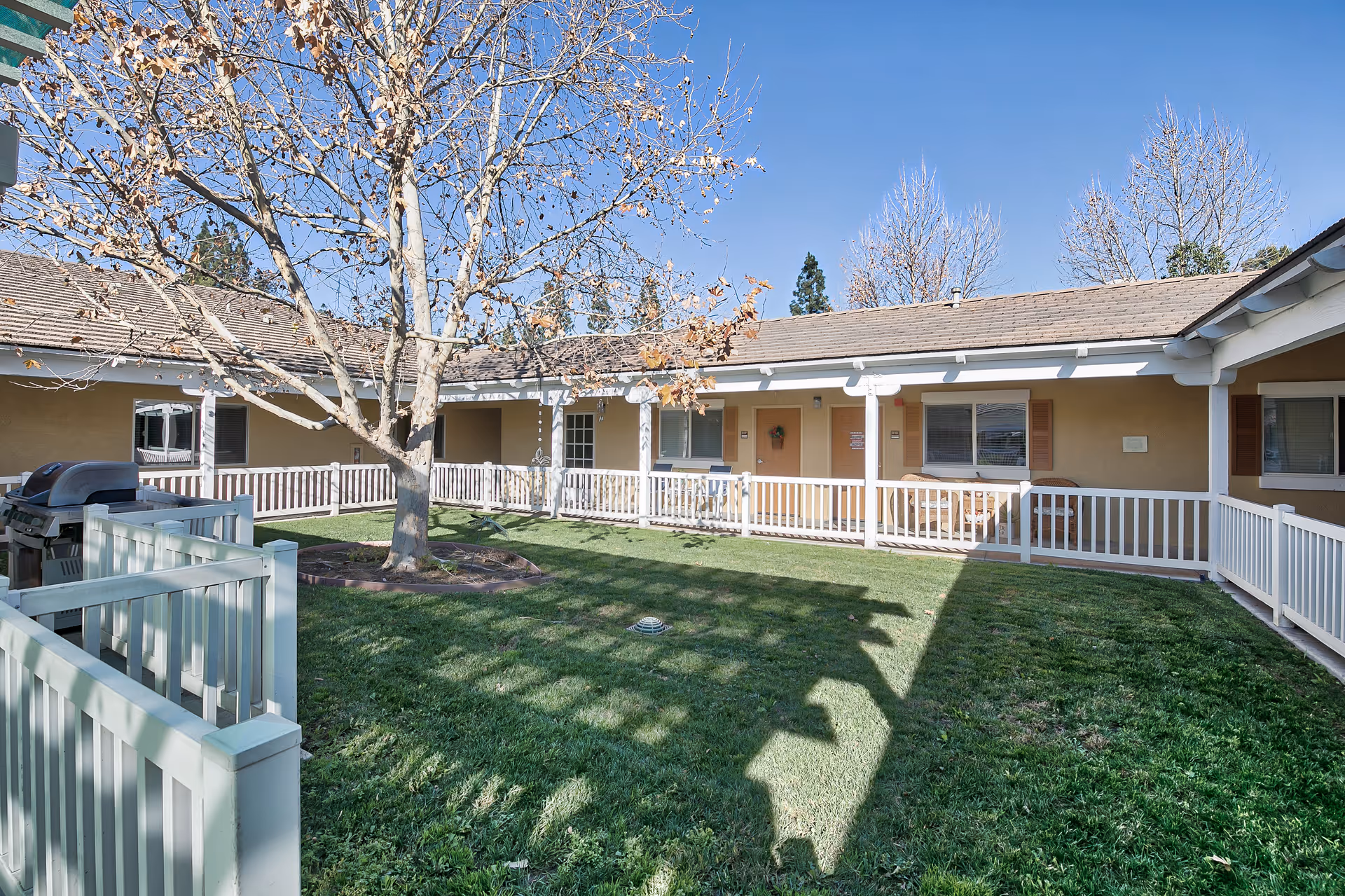 A sunny courtyard area with a large tree in the center surrounded by green grass and a white fence. The courtyard is enclosed by a single-story building with beige walls, white trim, and several windows and doors. There is outdoor seating on the covered porch area and a barbecue grill near the fence.