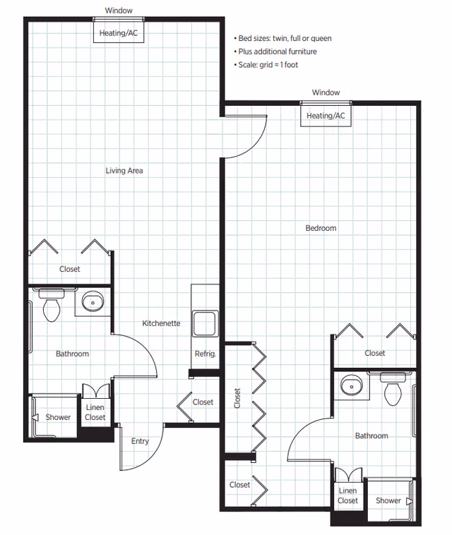 Architectural floor plan of a senior living unit at Belmont Village Senior Living Sabre Springs showing two main sections. The left section includes a living area with heating/AC, a kitchenette with refrigerator, an entry, a bathroom with shower, linen closet, and a closet. The right section includes a bedroom with heating/AC, multiple closets, and a bathroom with shower and linen closet. The scale grid represents 1 foot per square. Notes indicate bed sizes can be twin, full, or queen with additional furniture.