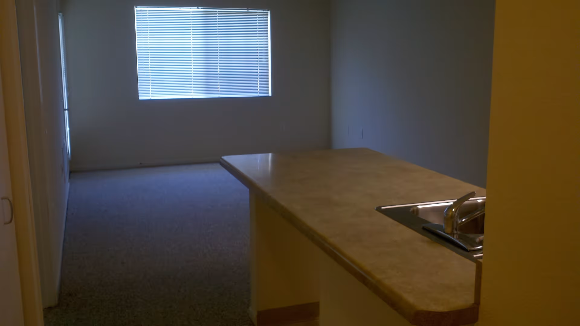 Interior view of an unfurnished apartment with a countertop and sink in the foreground and a window with closed blinds in the background.