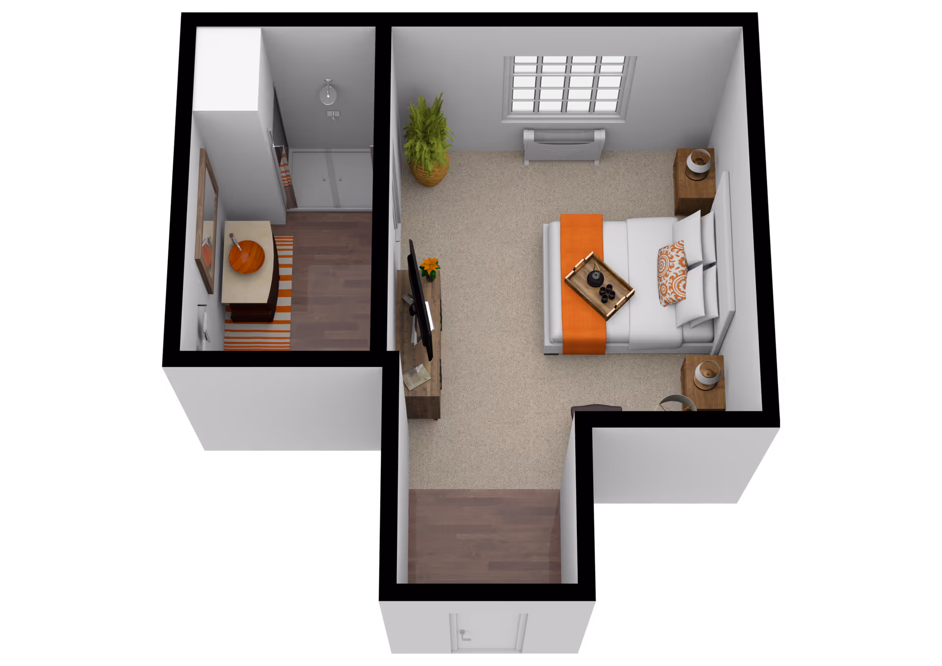 3D floor plan of a small bedroom with a bed, two nightstands with lamps, a TV on a stand, a window, and a small entryway with a table and a pumpkin decoration.