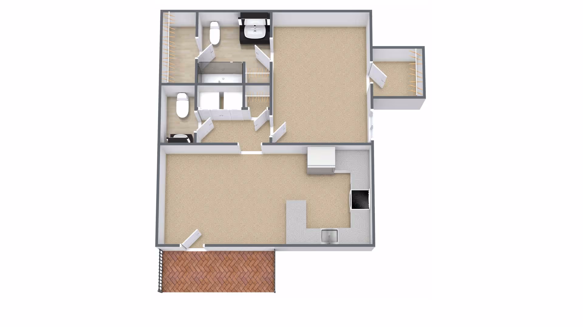 3D floor plan of a residential unit showing a layout with a kitchen area, living room, bedroom, two bathrooms, closets, and a small outdoor patio with brick flooring.