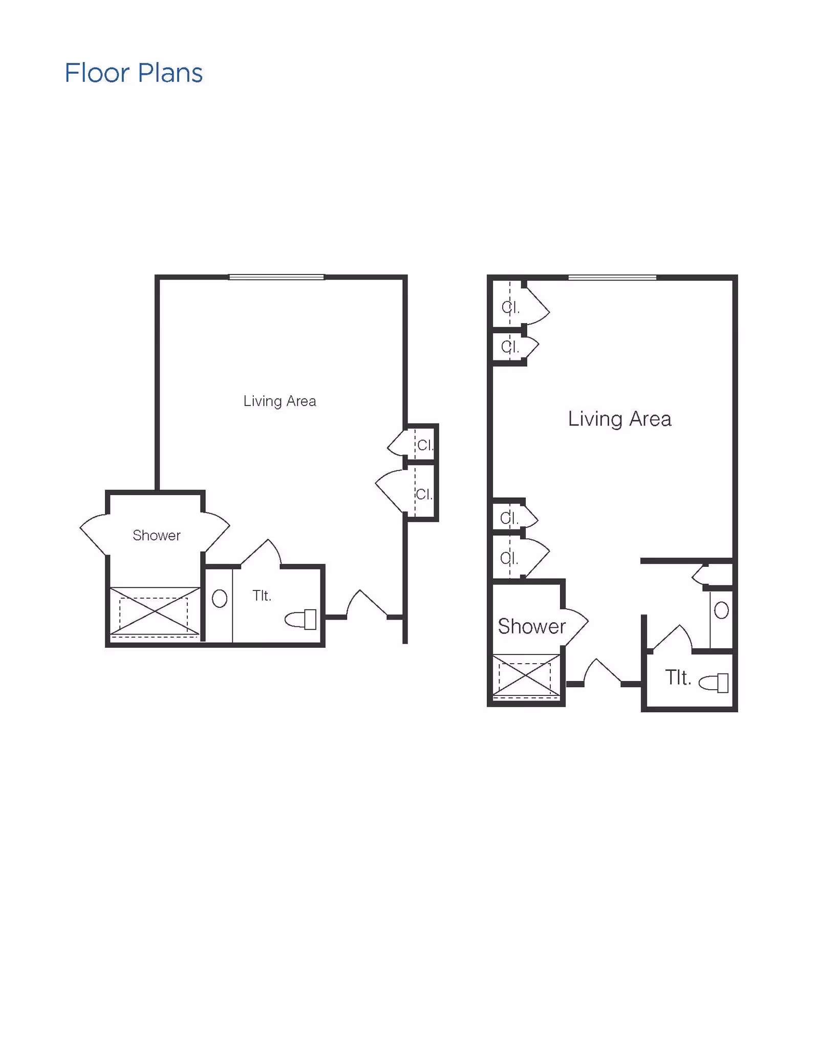 Two black and white floor plans showing layouts with labeled areas including Living Area, Shower, and Toilet (Tlt.). Each plan includes closets (Cl.).
