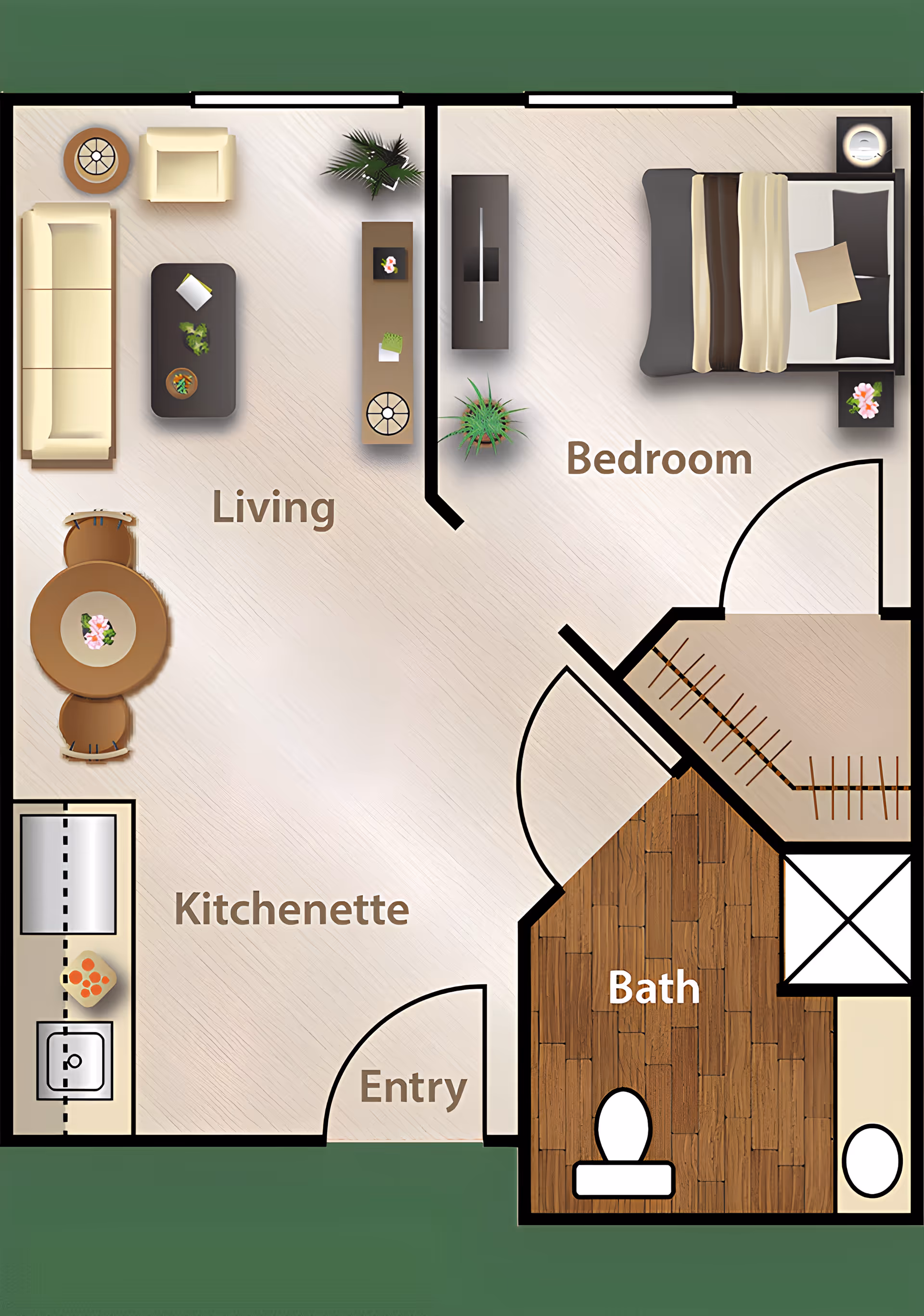 Floor plan of a small apartment unit showing a living area with sofa, armchair, coffee table, and dining table; a kitchenette with sink and refrigerator; a bedroom with a bed, nightstands, and TV; and a bathroom with toilet and shower.