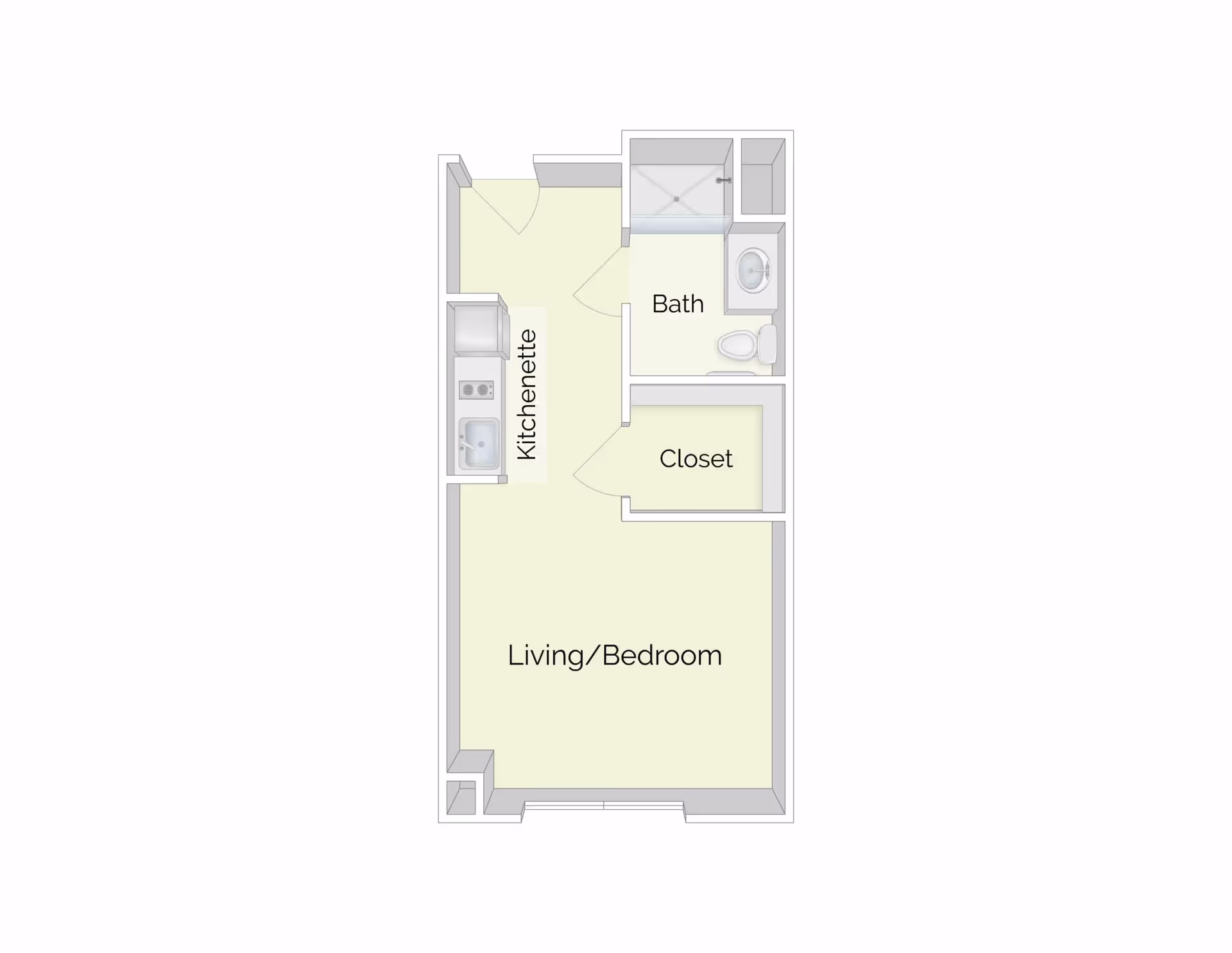Simple floor plan of a studio showing a living/bedroom, kitchenette, closet, and bath.