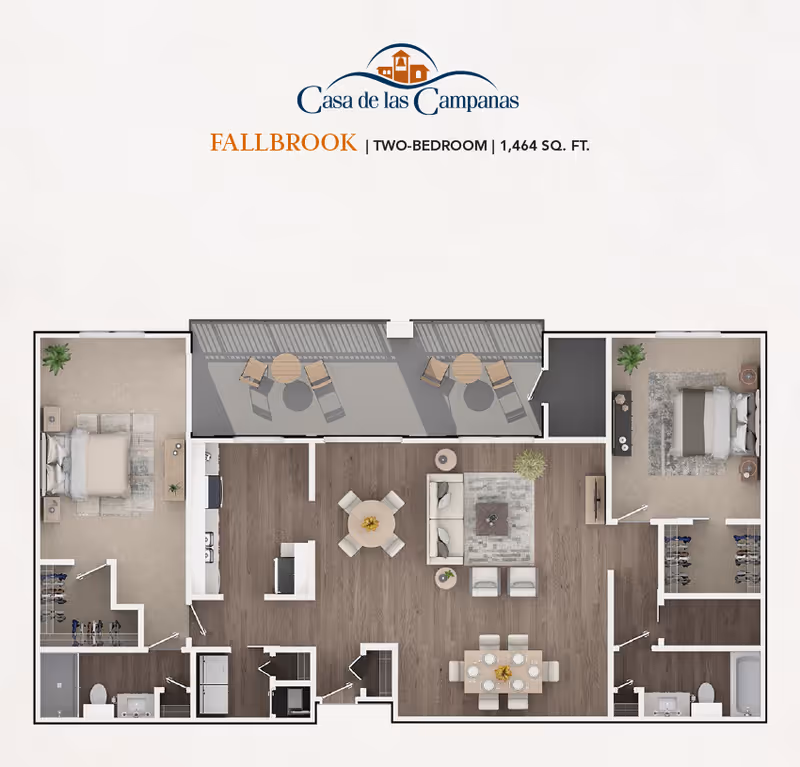 Floor plan of Casa de las Campanas Fallbrook two-bedroom apartment with 1,464 square feet, showing two bedrooms, two bathrooms, kitchen, dining area, living room, and two balconies with outdoor seating.