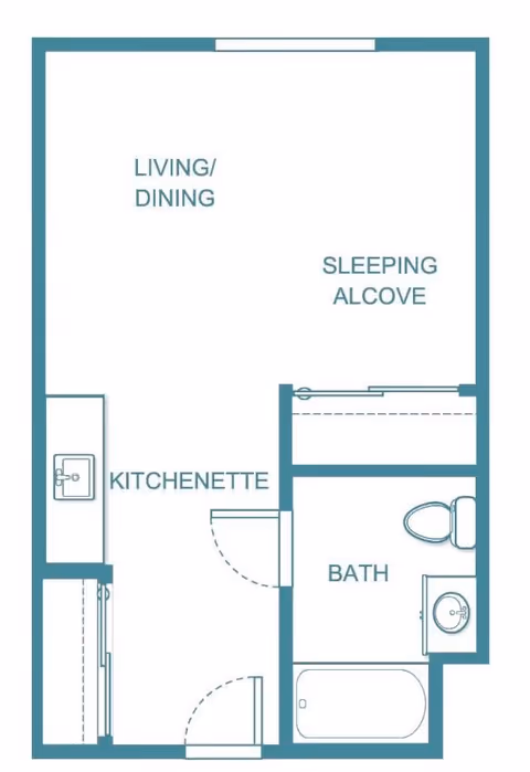 Floor plan of a small living space at Holiday Walnut Woods showing a living/dining area, sleeping alcove, kitchenette, and bathroom with a bathtub, toilet, and sink.