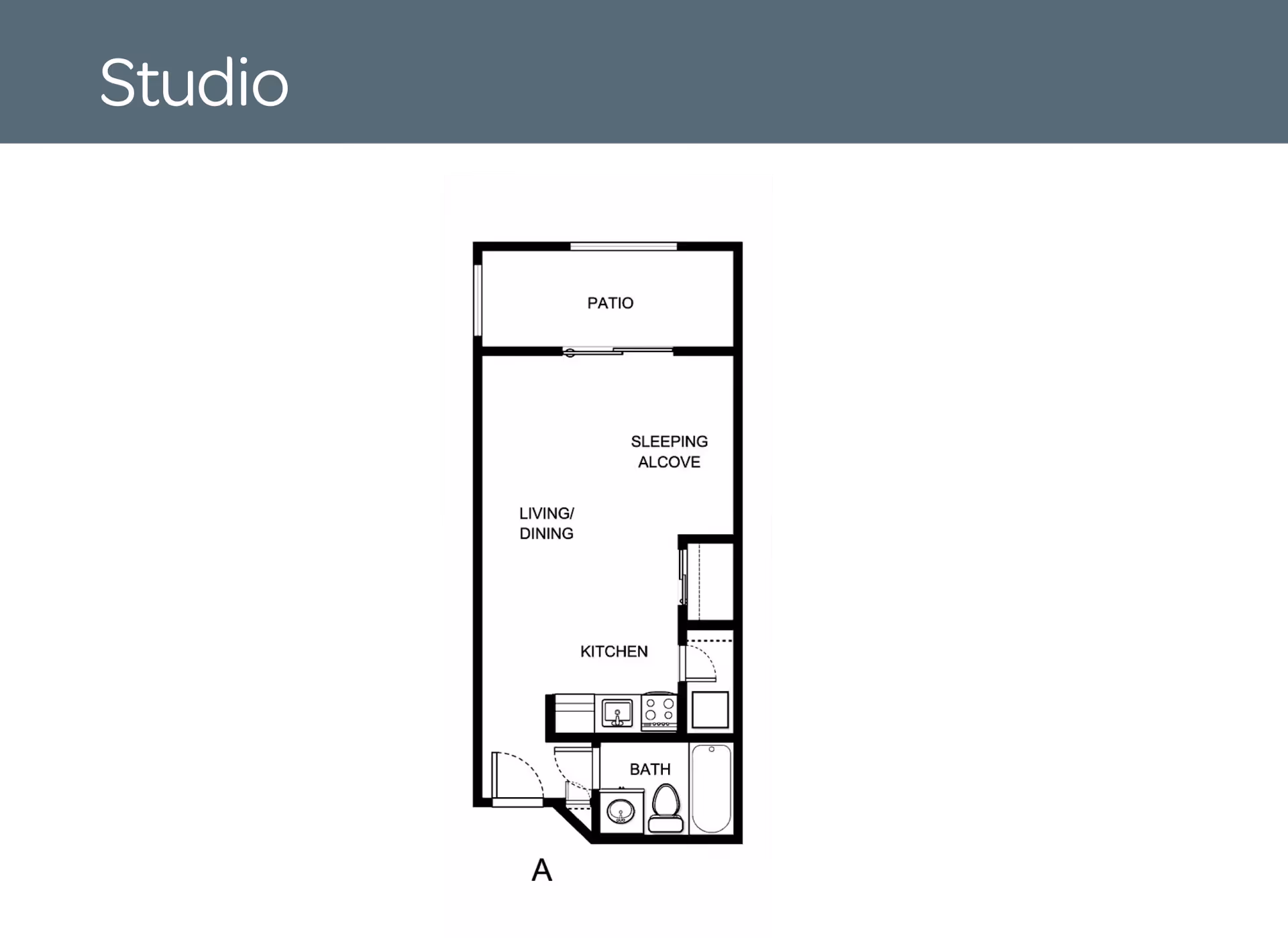 Floor plan of a studio apartment at Atrium at Gainesville showing a patio, sleeping alcove, living/dining area, kitchen, and bathroom.