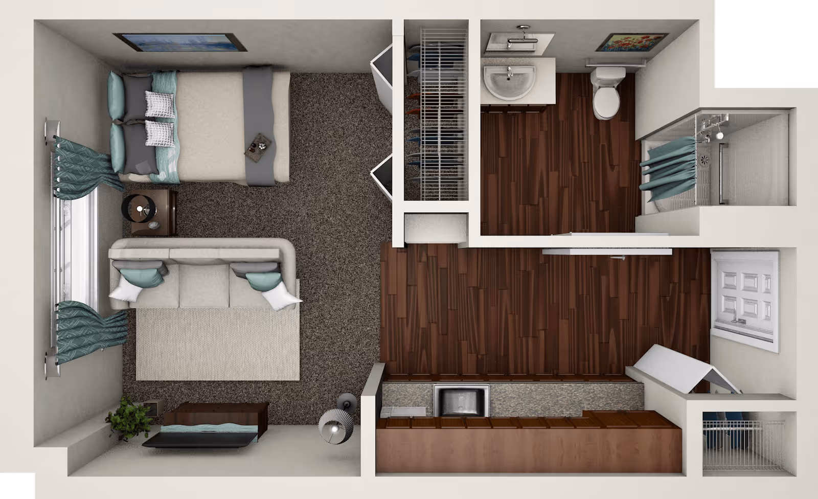 Top-down view of a small apartment floor plan showing a bedroom with a bed, nightstand, sofa, and dresser on carpeted flooring. Adjacent to the bedroom is a kitchen area with wooden flooring, cabinets, and a sink. Next to the kitchen is a bathroom with a sink, toilet, and shower.
