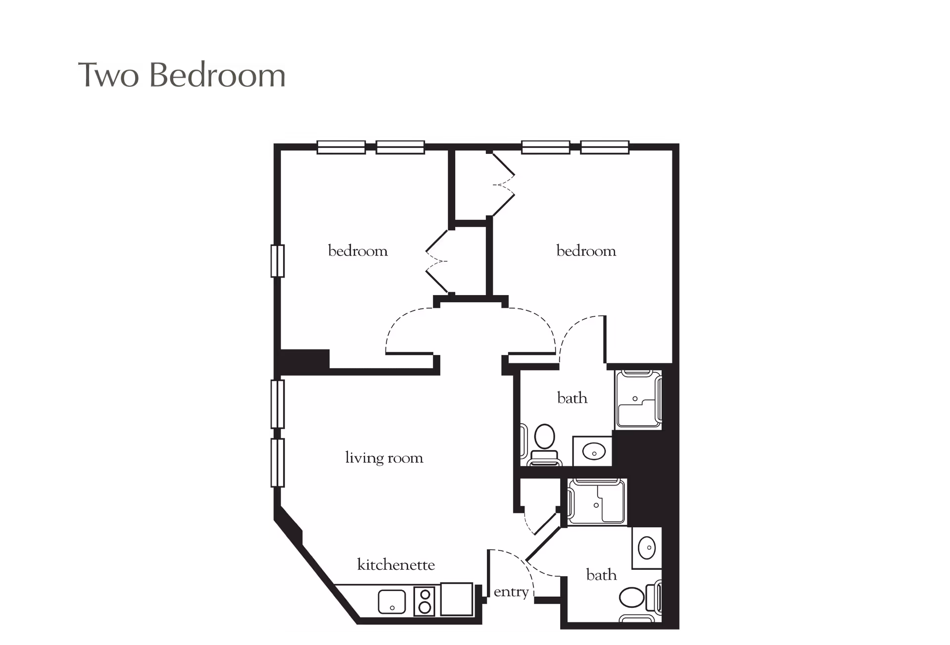 Floor plan of a two-bedroom apartment showing two bedrooms, a living room, kitchenette, entry, and two bathrooms.