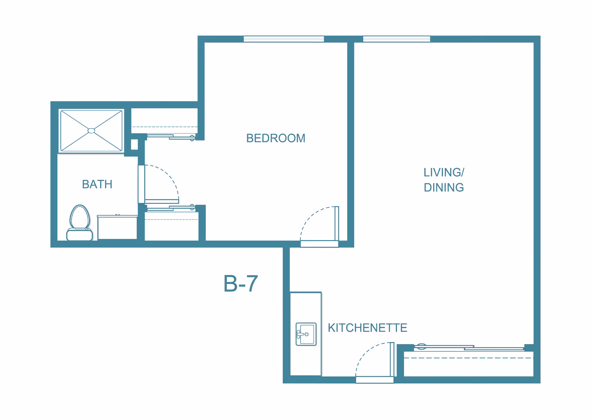 Floor plan layout of a senior living unit labeled B-7 at Holiday Woods at Canco, showing a bedroom, bath with toilet and shower, living/dining area, and kitchenette.