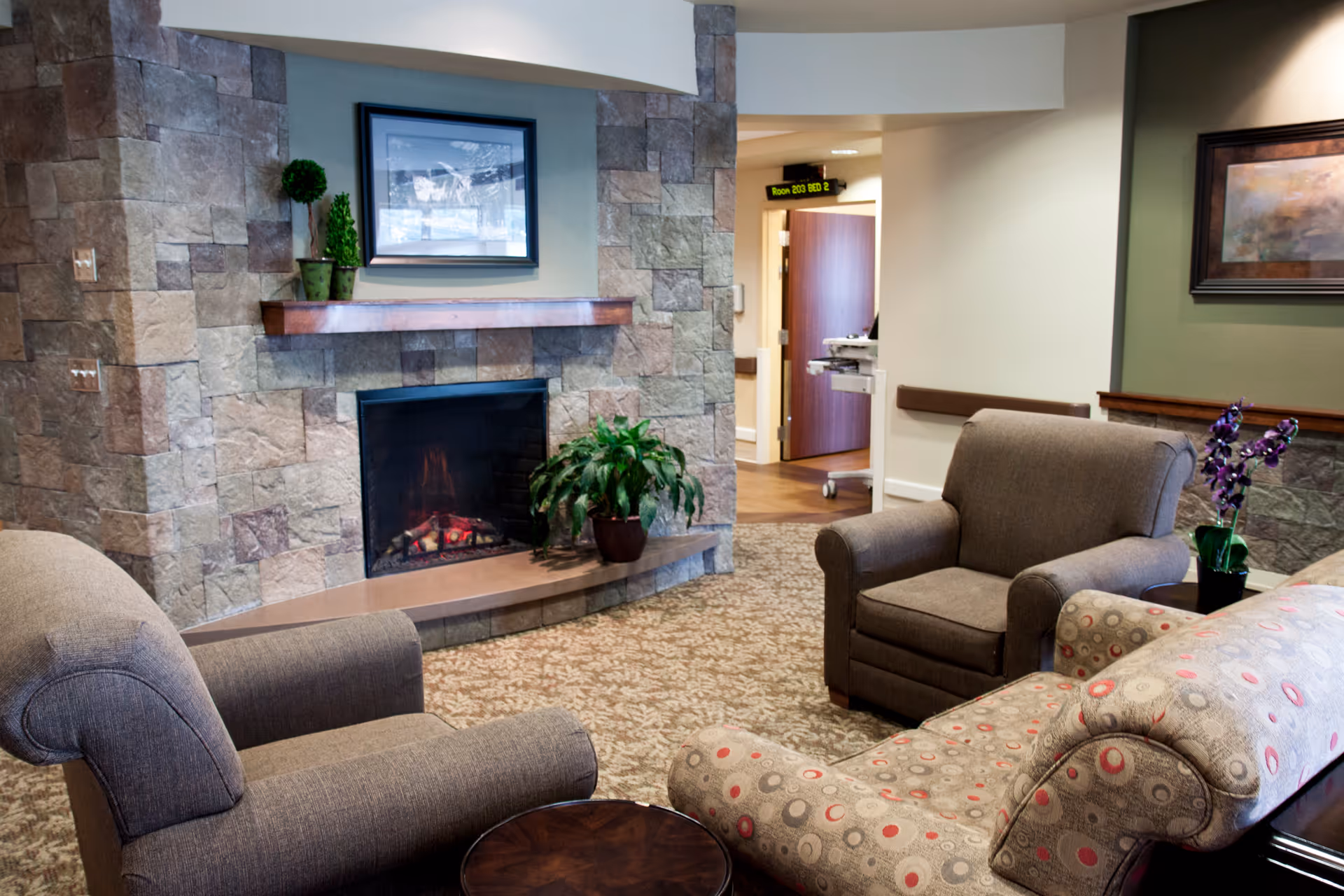 Cozy lounge area with a stone fireplace, armchairs, a patterned sofa, and potted plants.