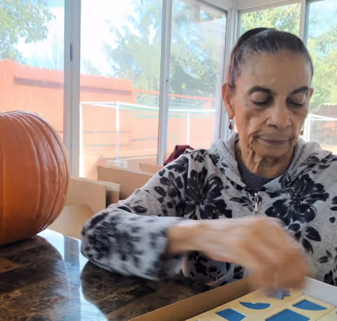 An elderly woman with her hair tied back is sitting at a table inside a room with large windows. She is focused on a puzzle or game with blue and yellow pieces on the table. A large orange pumpkin is placed on the table near her. Outside the windows, trees and a wooden fence are visible.