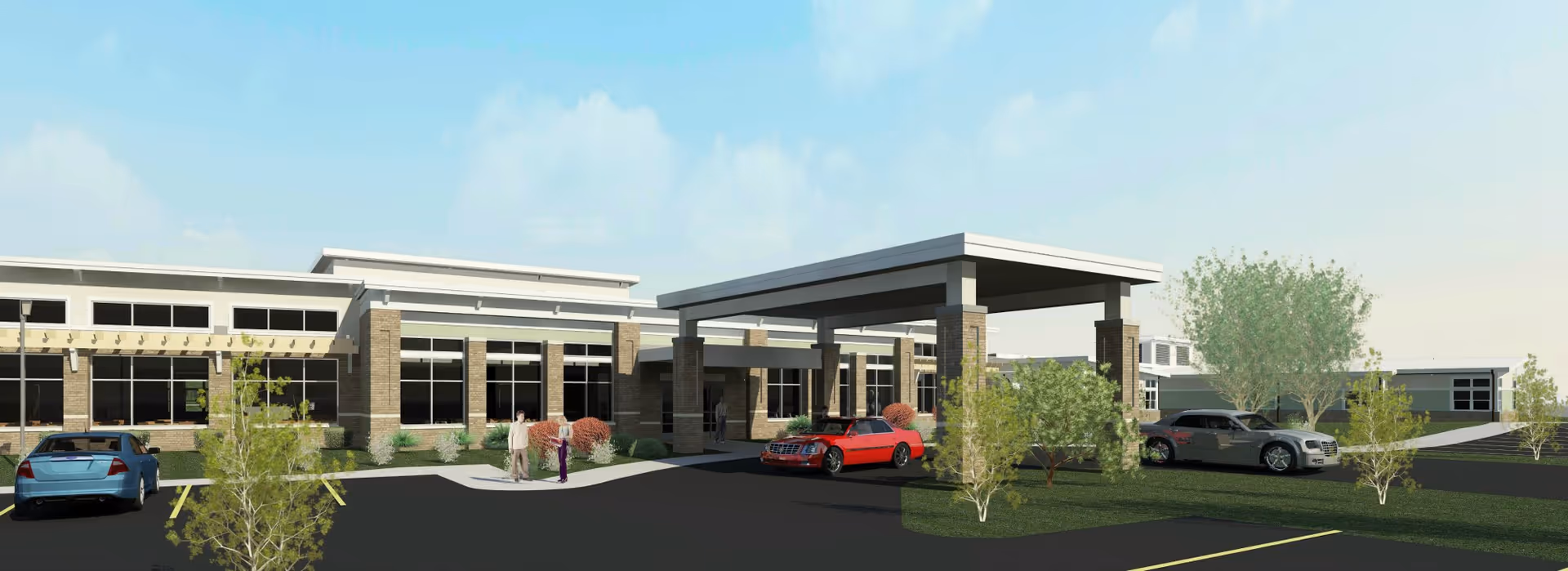Exterior front entrance of Hawkeye Care Center with a covered porte-cochere, parked cars, landscaping, and two people near the walkway.