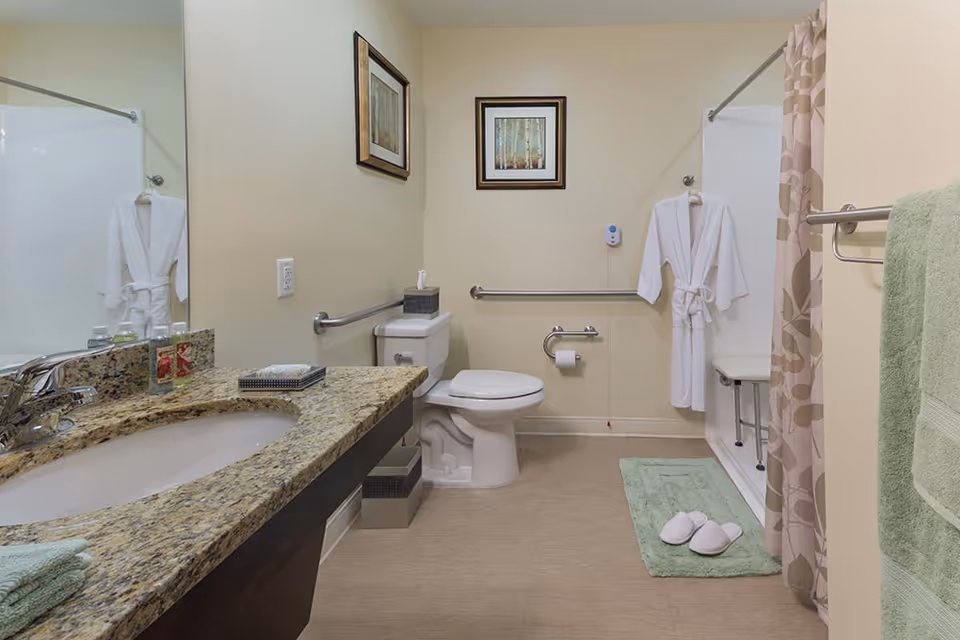 Accessible bathroom with a sink and granite countertop, toilet with grab bars, walk-in shower with curtain and robe, and slippers on a bath mat.