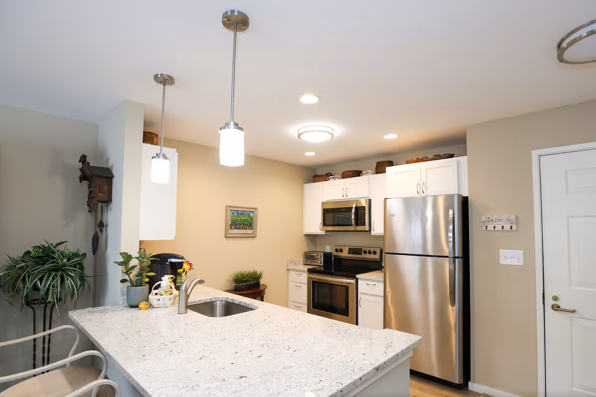Modern kitchen with white cabinets, stainless steel refrigerator, oven, and microwave. A granite countertop island with a sink and two pendant lights hanging above. There are some plants and decorative items on the countertop and a wall clock on the left wall.