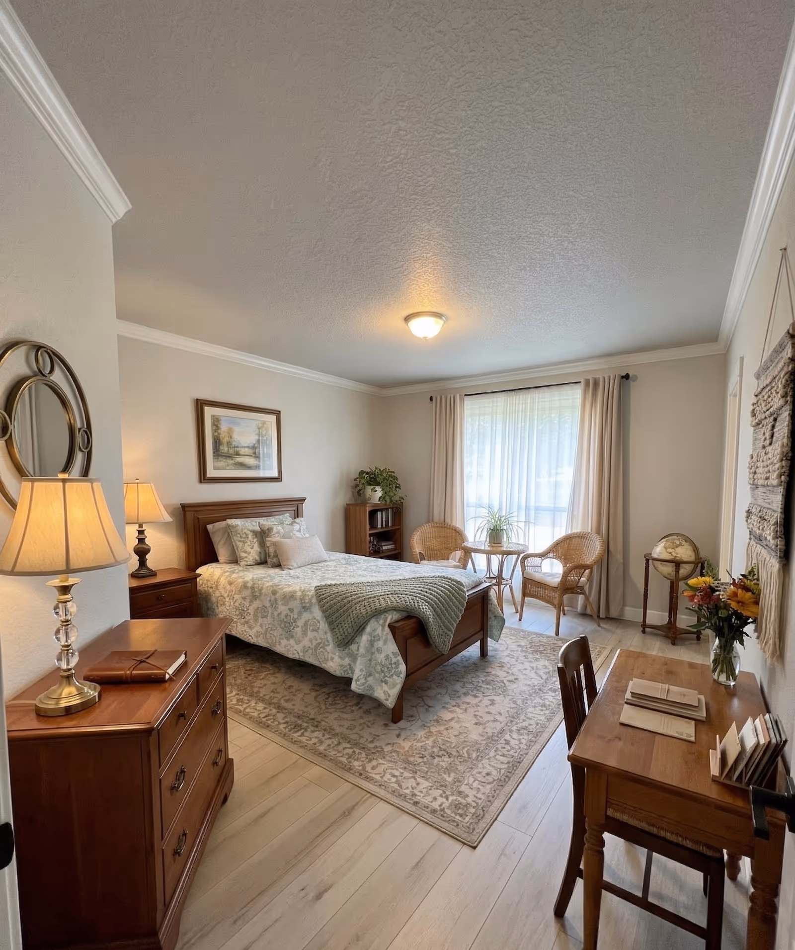 A cozy furnished bedroom in a senior living facility with bed, dresser, and seating.