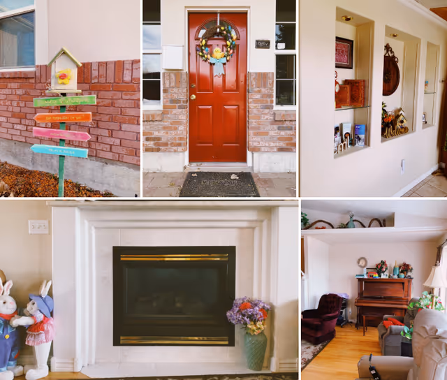 Collage shows building entrance, wreath-decorated door, hallway shelves, fireplace, and living room.