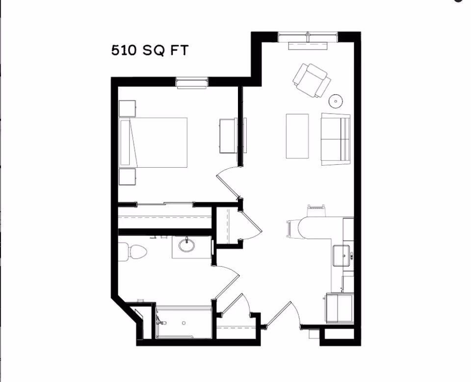 Floor plan of a 510 square feet apartment unit showing a bedroom with a bed and nightstand, a bathroom with a toilet, sink, and shower, a living room area with a sofa, armchair, coffee table, and TV, and a kitchen area with a sink, stove, and refrigerator.