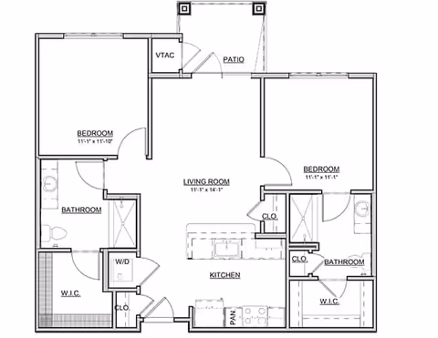 Black-and-white floor plan of a two-bedroom apartment showing living room, kitchen, two bathrooms, closets, W.I.C.s, and a patio.