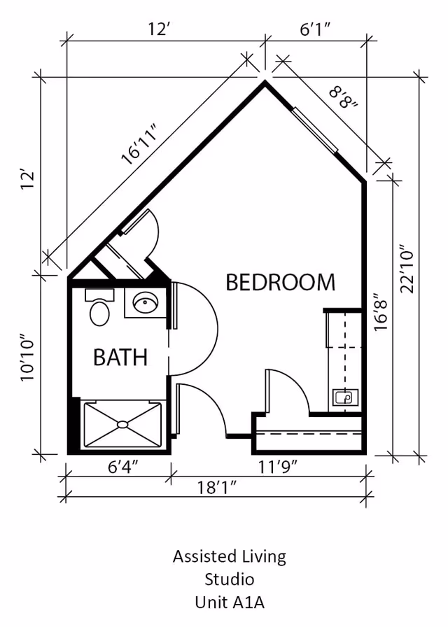Architectural floor plan of an assisted living studio unit labeled A1A at The Waterford at Plano, showing a bedroom area and a bathroom with dimensions.