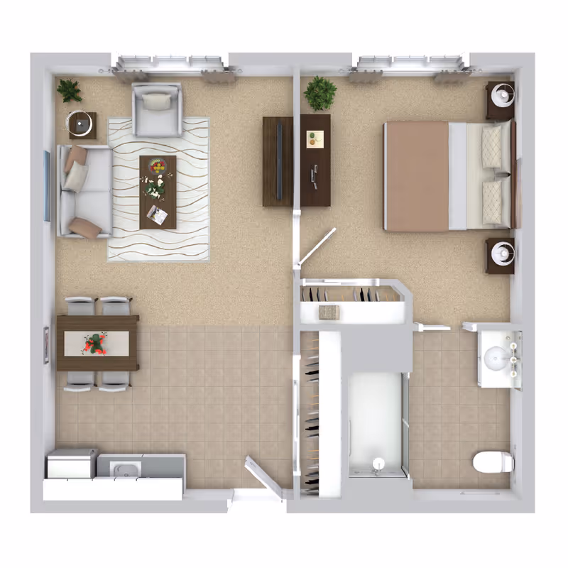 Top-down floor plan of an assisted living apartment featuring a living room with a sofa, armchair, coffee table, and TV, a dining area with a table and four chairs, a kitchen with a sink and refrigerator, a bedroom with a bed and nightstands, a bathroom with a sink, toilet, and bathtub, and two closets.