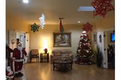 Common room with couches, a coffee table, a decorated Christmas tree, and hanging holiday ornaments.