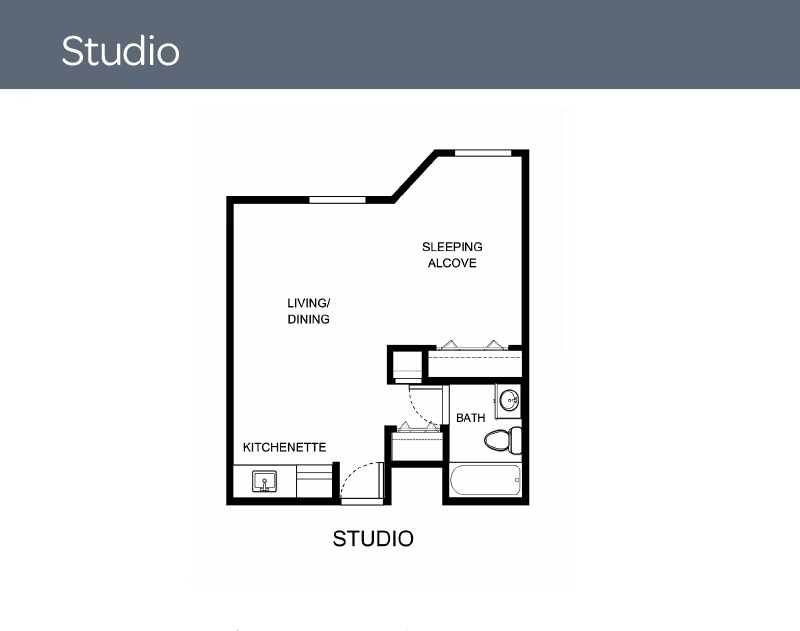 Black-and-white studio floor plan showing a kitchenette, living/dining area, sleeping alcove, and a bathroom.