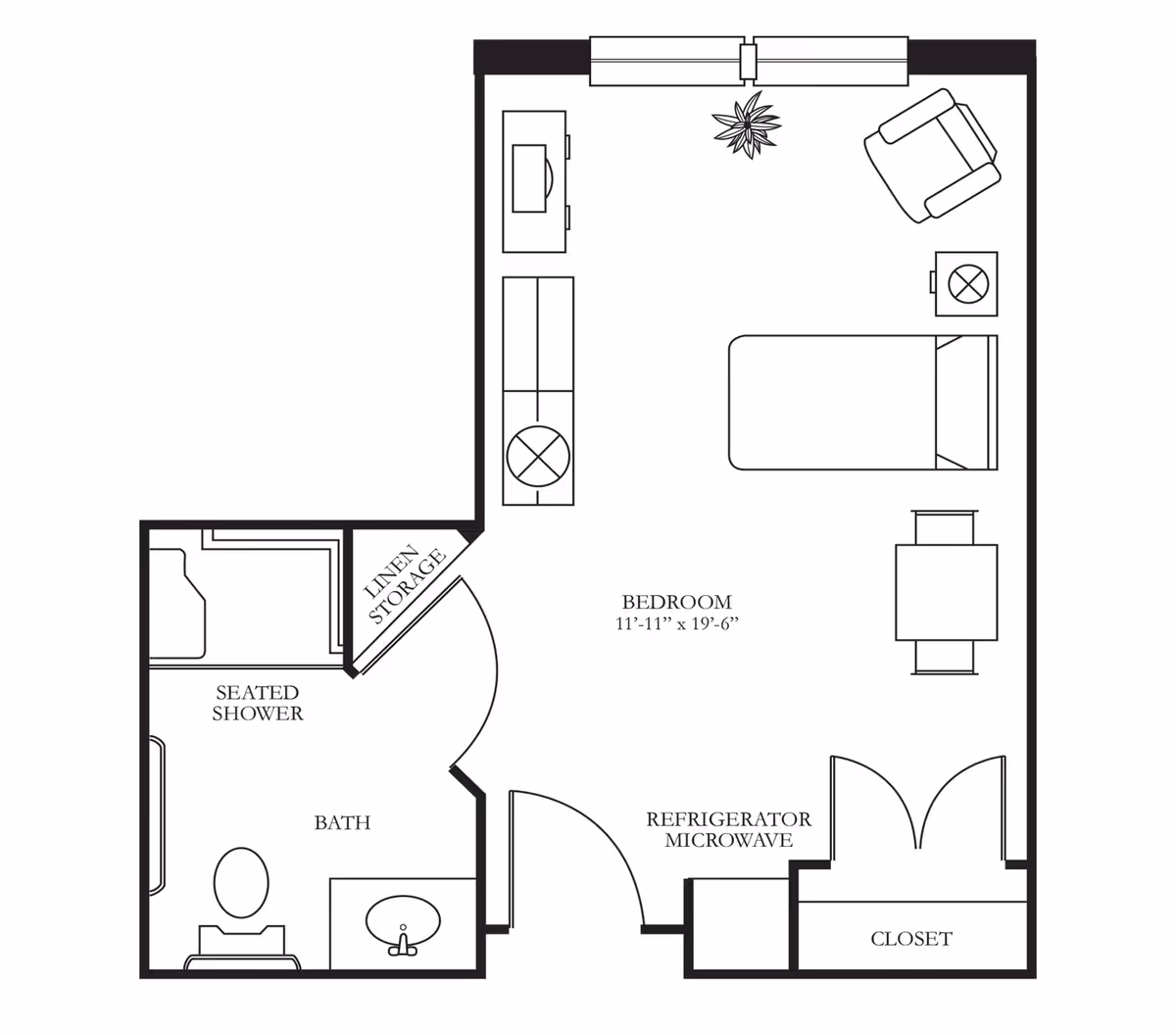 Floor plan of a studio apartment in Dunlop House Assisted Living & Memory Care, showing a bedroom area with a bed, armchair, table, TV, and plant. The plan includes a bathroom with a seated shower, toilet, and sink, a linen storage area, a closet, and a small kitchenette with a refrigerator and microwave.