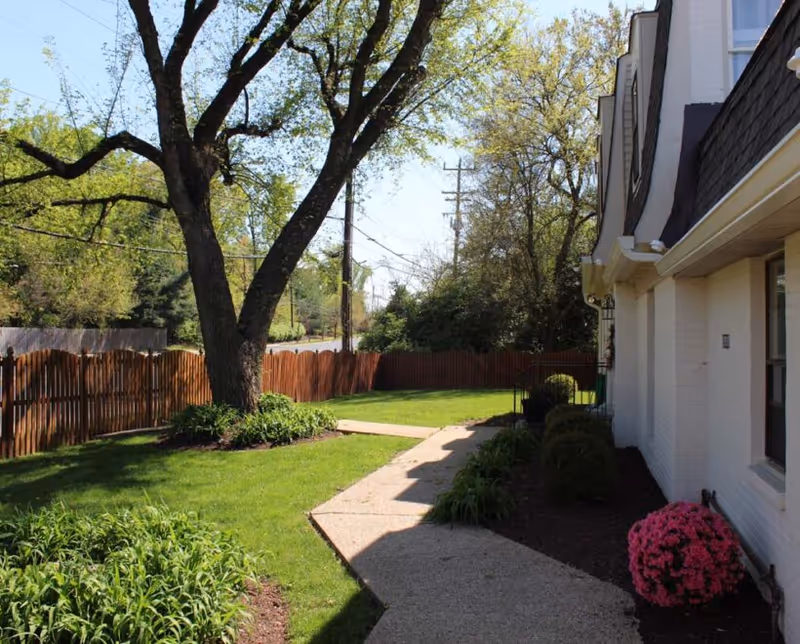 Sidewalk and landscaped yard with a large tree, wooden fence, and the exterior of a white building under a clear sky.