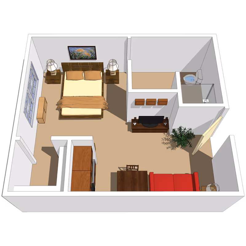 3D floor plan of a senior living facility room featuring a bedroom area with a double bed, two bedside tables with lamps, a window, and a dresser. The living area includes a red sofa, a wooden dining table with a chair, a TV on a stand, and a plant. There is a small bathroom with a toilet and a shower. The entrance door is open.