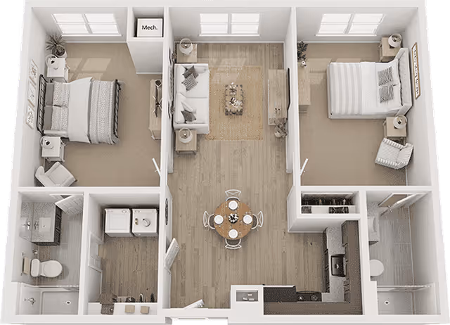3D floor plan of an apartment featuring two bedrooms, a central living room with a sofa and coffee table, a dining area with a round table and four chairs, a kitchen with appliances, two bathrooms, and a laundry area with washer and dryer.