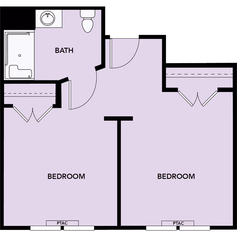 Simple two-bedroom floor plan showing two labeled bedrooms, a bath with fixtures, closets, and PTAC units.