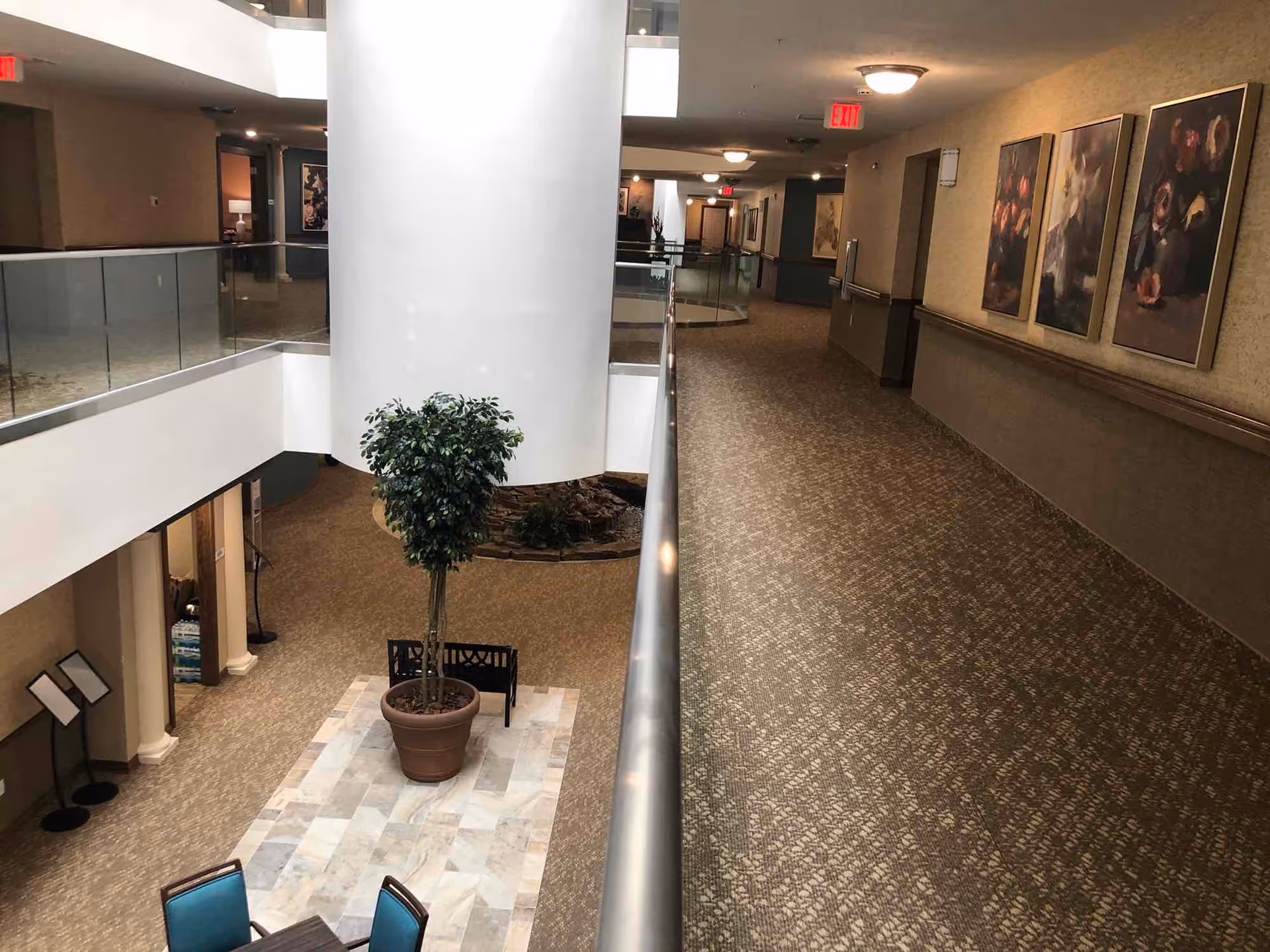 Carpeted interior hallway and atrium of a retirement community with a glass railing overlooking a lower lobby with a potted tree and seating.
