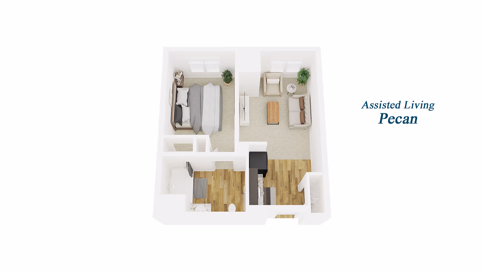 3D floor plan of an assisted living unit named Pecan at Clarendale of St. Peters, showing a bedroom with a bed and nightstand, a living room with sofa, armchair, coffee table, and TV, a kitchen area with appliances, and a bathroom with a sink and toilet.