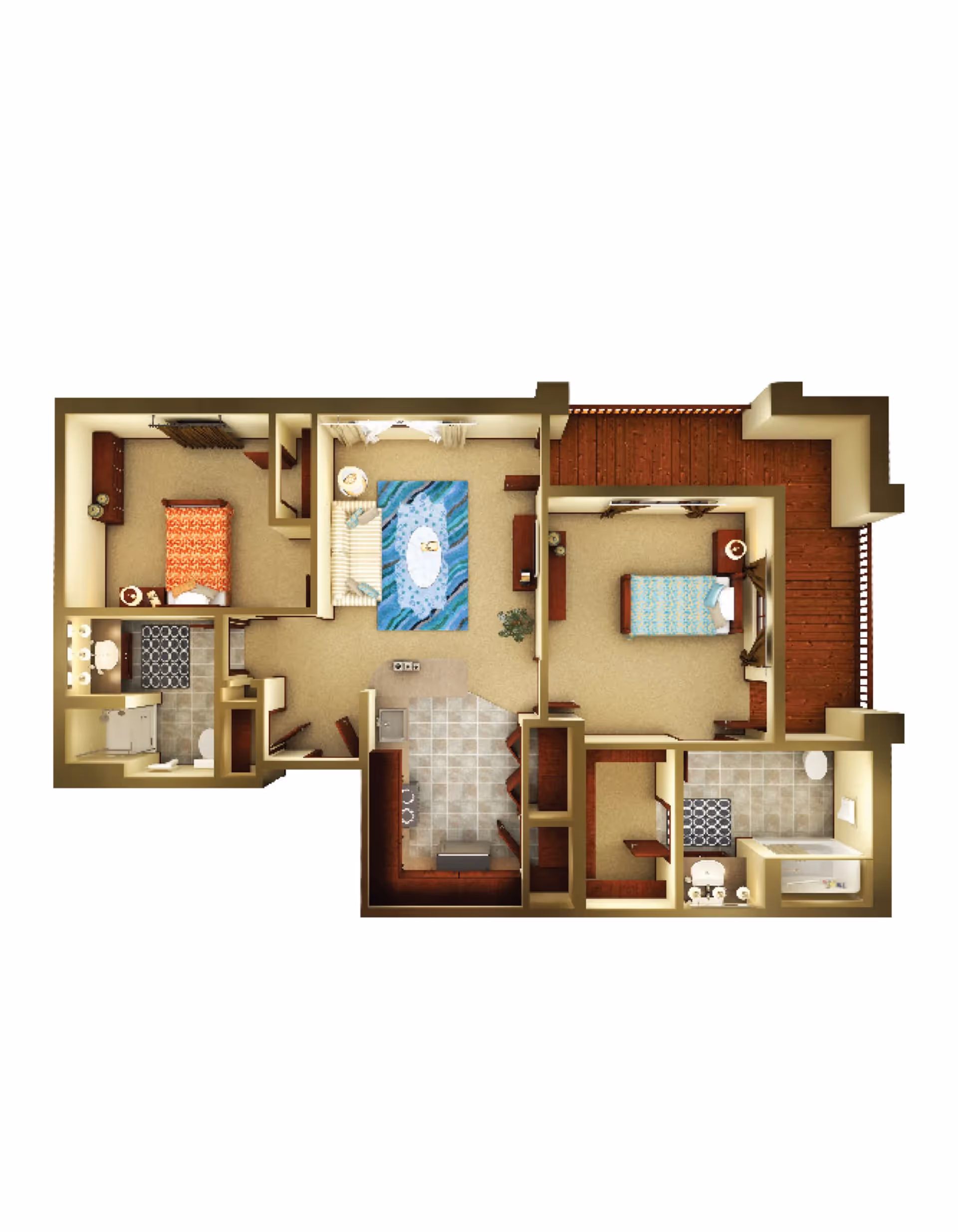 3D rendered floor plan of a two-bedroom apartment with a living room, kitchen, two bathrooms and a balcony.