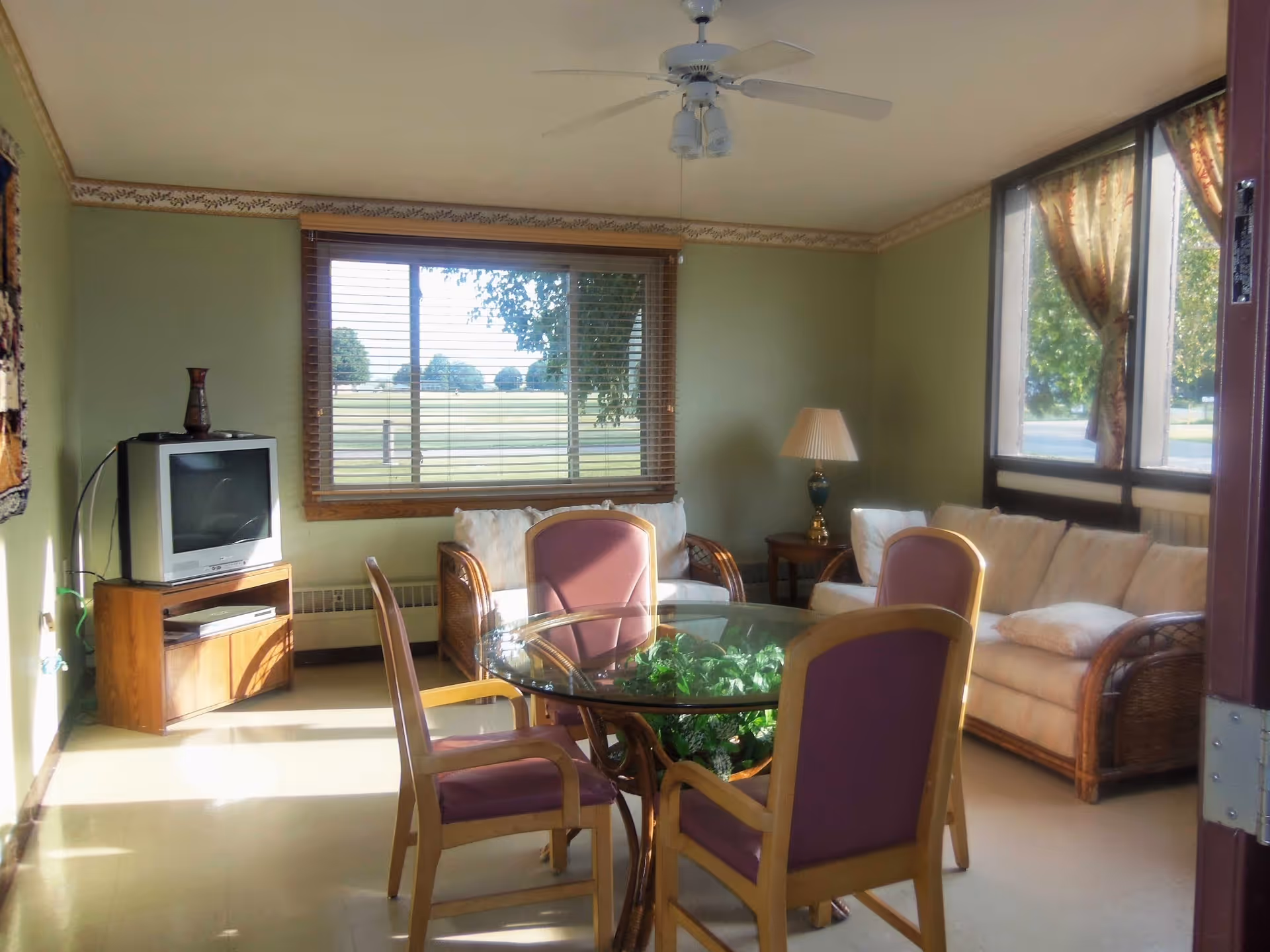 A cozy living room with a glass-top round table surrounded by four wooden chairs with purple cushions. There are two cushioned sofas with wicker armrests, a small wooden TV stand with an old-style CRT television, a table lamp on a side table, and large windows letting in natural light with a view of trees and a grassy field outside.