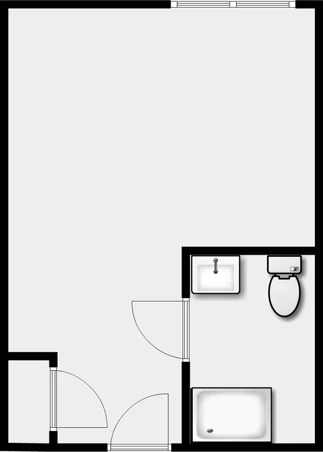 Architectural floor plan showing a small room with an attached bathroom. The bathroom includes a sink, toilet, and bathtub. The main room has two doors, one leading to the bathroom and another to a small closet or storage area.