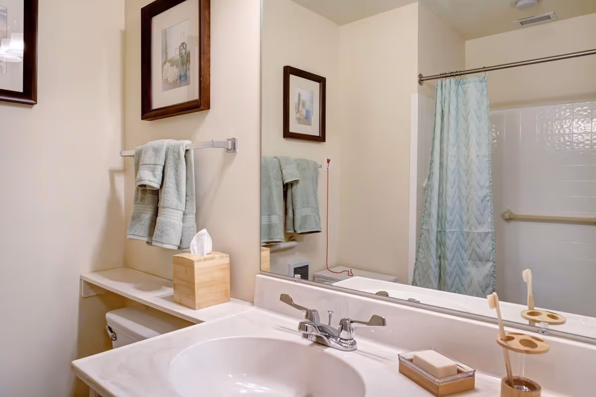 A clean bathroom vanity with a sink, mirror, folded towels, framed art, tissue box, and a shower with a patterned curtain.