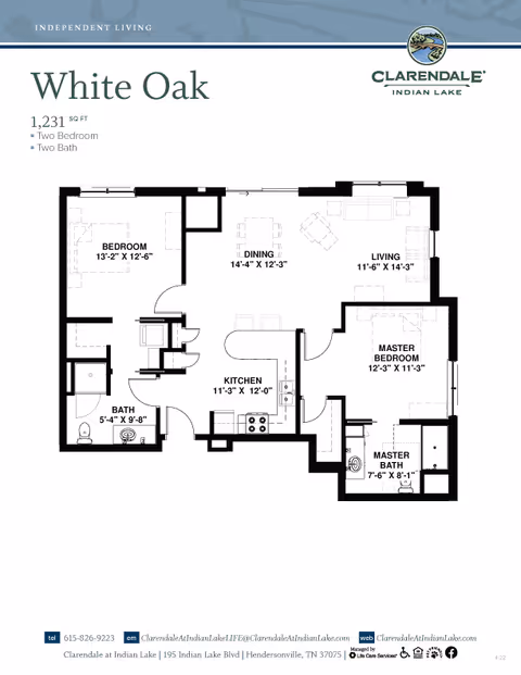 Floor plan of the White Oak apartment at Clarendale at Indian Lake showing two bedrooms, two bathrooms, a kitchen, dining area, and living room with dimensions for each room.