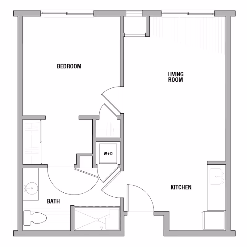 Black-and-white floor plan of a one-bedroom apartment showing a bedroom, living room, kitchen, bathroom, and a W+D closet.
