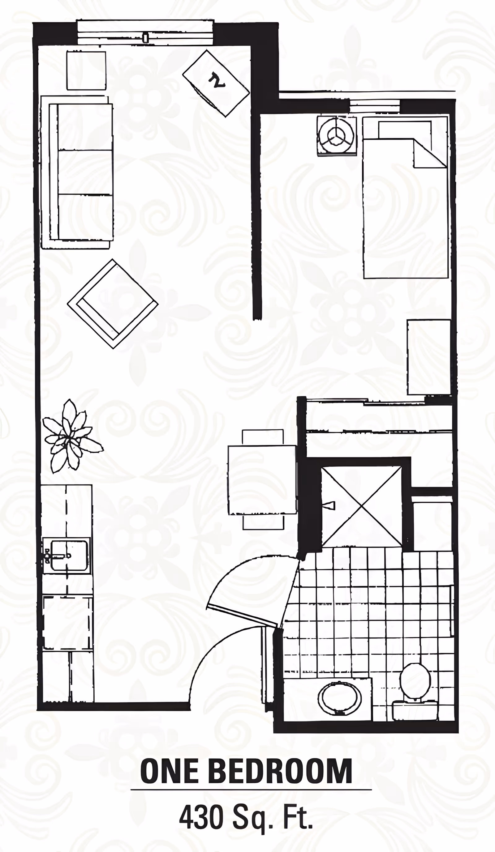 Floor plan of a one-bedroom apartment with 430 square feet, showing a living area with sofa and chair, a small kitchen with sink and stove, a bedroom with a bed and dresser, and a bathroom with a toilet, sink, and shower.