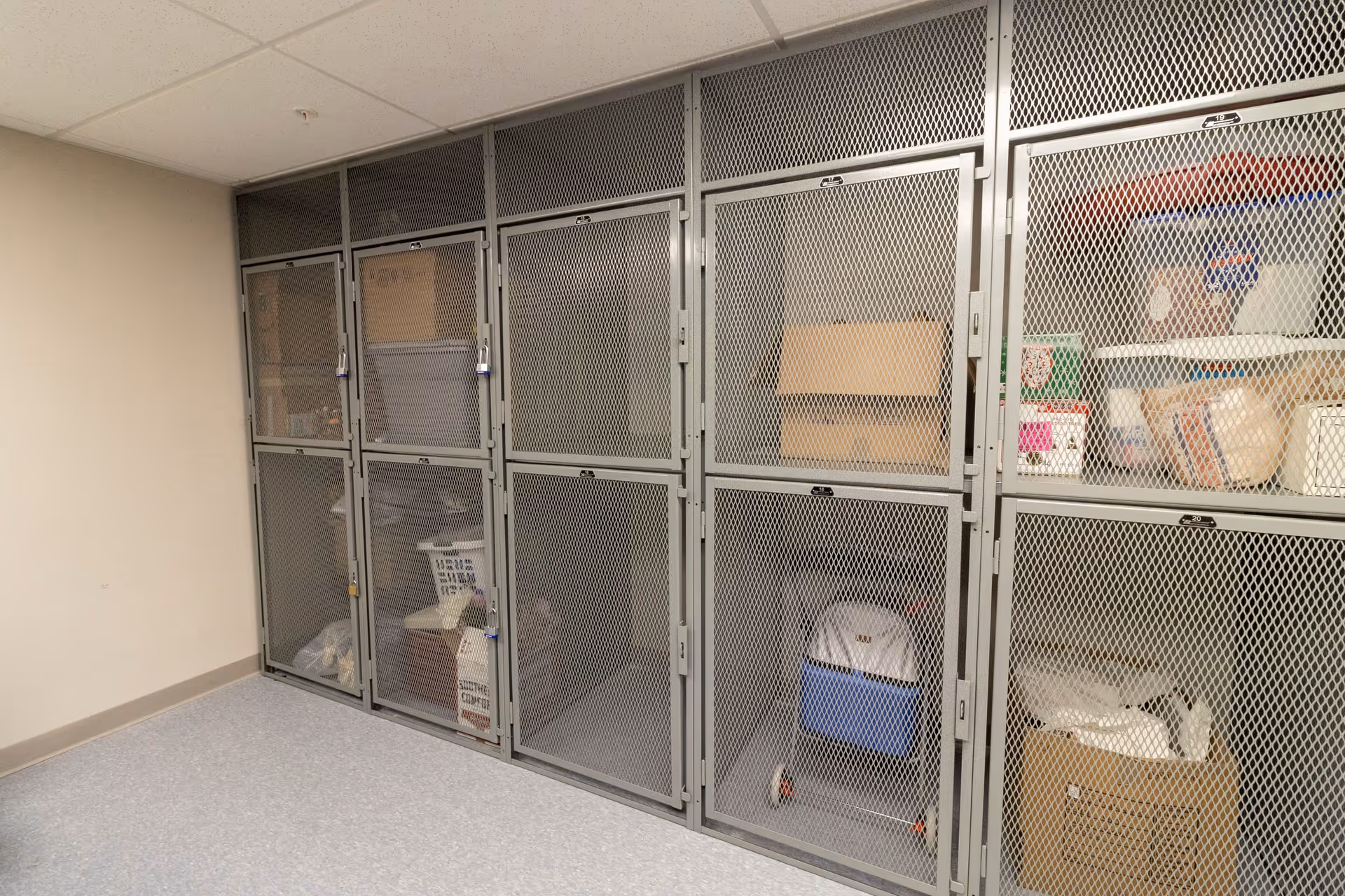 A row of metal mesh storage lockers in a utility room holding boxes and personal items.