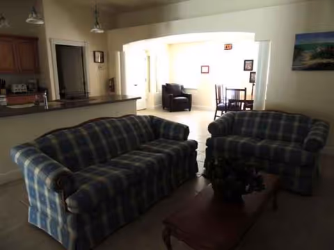 Two plaid sofas face a wooden coffee table with a plant in a cozy living room.